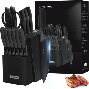 Knife Set, 15 Pieces Kitchen Knife Sets with Block, Built-in Sharpener, Dishwasher Safe, Anti-slip Ergonomic Handle, Knife Block Set for Chopping, Slicing, Dicing & Cutting, Black