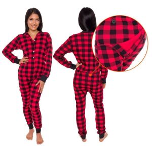 Case of (17) Silver Lilly Buffalo Plaid Women's One Piece Pajamas with Butt Flap, X-Small 