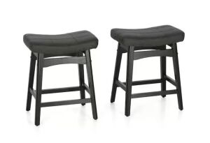 24 in. Black Saddle Design PU Leather Bar Stool with Wood Legs, Set of 2 