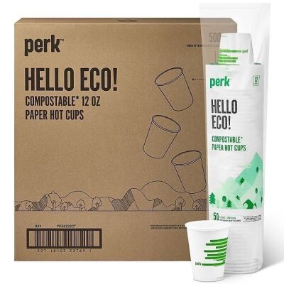 Perk Compostable Paper Hot Cup, 12 Oz, 500ct 