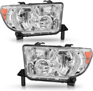 Headlight Assembly Fit For 2007 2008 2009 2010 2011 2012 2013 Toyota Tundra / 2008-2017 Toyota Sequoia Headlights W/O Headlight Leveling Adjuster (Chrome Housing Amber Reflector)