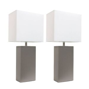 Leather Table Lamps with Fabric Shades, Set of 2 