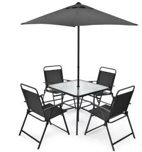 6-Piece Patio Dinning Sets Garden Table Set Outdoor Folding Chairs & Glass Table Set w/ Umbrella Grey