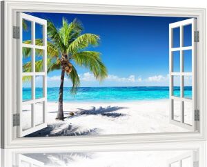 Window Frame Style Palm Tree Art Print on Canvas