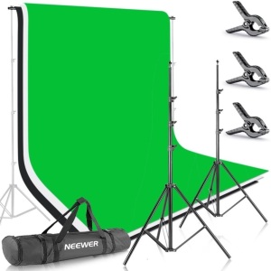 Neewer 8.5' x 10' Background Stand Support System with 6' x 9' White, Green, & Black Backdrops - Appears New in Damaged Box