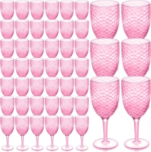 48 Pcs Pink Wine Glasses 8 oz Plastic Goblets Patterned Vintage Wine Drinkware Unbreakable Pink Drinking Glass Reusable Safe Glassware Cups for Champagne Cocktails Indoor Outdoor Wedding Party Favor