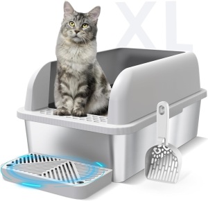 Enclosed Stainless Steel Cat Litter Box with Lid Extra Large Litter Box for Big Cats XL Metal Litter Pan Tray with High Wall Sides Enclosure, Non-Sticky, Anti-Leakage, Easy Cleaning