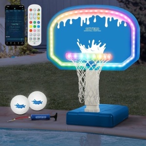 LED Pool Basketball Hoop, Oversized Swimming Pool Basketball Game Set with 14in LED Rim/2 Glow Balls/Base/Pump, App & Music Sync for Inground Pool, Light Up Pool Games Toys for Adults Teens