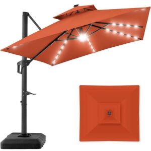 2-Tier Square LED Cantilever Offset Umbrella w/ 360 Rotation, Base - 10x10ft