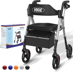 Walkers for Seniors,Foldable Walker with Seat,Rollator Walker with Durable Aluminum,8" Big Wheels for All Terrain, Ergonomic Seat and Backrest,Dual Adjustable Height Rolling Walker| Shiny Silver Visit the VOCIC Store