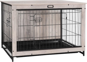 HOOBRO Dog Crate Furniture, 38.6" Large Dog Kennel Indoor, Wooden Dog Crate with Pull-Out Tray, Double Doors Dog House, Modern Side End Table for Small/Medium/Large Dog, Greige BG982GW03