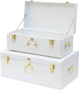 Vixdonos Decorative Metal Box Storage Trunks Set of 2 College Dorm Chest with Lock Hole,23.7X14.2X9.5 Inches(White)