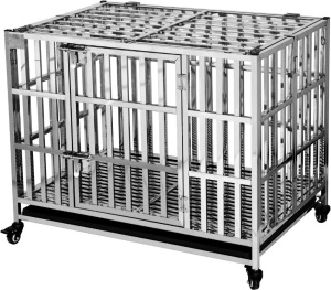 37" Heavy Duty Dog Crate Foldable Stackable Stainless Steel Kennel Cage for Small Dogs with Removable Tray