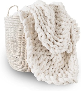 Adyrescia Chunky Knit Blanket Throw | 100% Hand Knit with Jumbo Chenille Yarn (60"x80", Cream White)