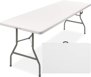 8ft Plastic Folding Table, Indoor Outdoor Heavy Duty Portable w/Handle, Lock for Picnic, Party, Pong, Camping - White