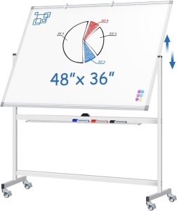 Large Rolling White Board, 48x36 in Double-Sided Mobile Whiteboard, maxtek Reversible Magnetic Dry Erase Board Easel Standing Whiteboard on Wheels School Supplies for Classroom Office and Home, Silver