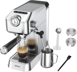 MR Espresso Machine, 20 Bar Stainless Steel Espresso Maker Coffee Machine for Home or Office With Removable Water Tank, Measuring Spoon, Brewing Filter, Milk Cup, Milk Frother Steam Wand