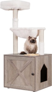 Hey-brother Cat Tree with Litter Box Enclosure, All-in-one Cat Tower for Indoor Cats with Large Hammock, Bed, Food Station, Scratching Posts, Modern Style Pet Furniture, Rustic Gray MPJ100SG