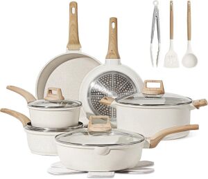 CAROTE 16 Piece Pots and Pans Set Nonstick, White Granite 