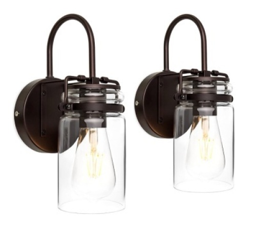 Industrial Metal Hardwire Wall&nbsp;Sconces w/Clear Glass Jar Shades, Set of 2 - Appears New&nbsp;