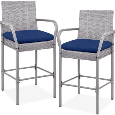 Set of 2 Indoor Outdoor Wicker Bar Stools w/ Cushion, Footrests, Armrests