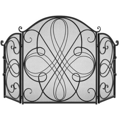 3-Panel Wrought Iron Metal Fireplace Screen Cover w/ Scroll Design - 55x33in