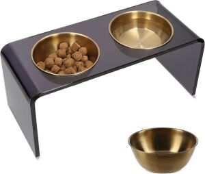 Helm Luxe Acrylic Elevated Pet Bowl Stand w/ 2 Gold Bowls