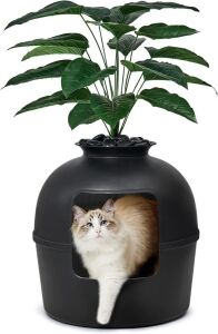 Bundle & Bliss Hidden Litter Box Enclosure with Odor Control Carbon Filter, Faux Plant and Real Stones