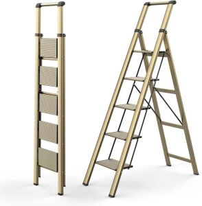 HBTower 5-Step Telescopic Handrail Trellis Ladder Gold