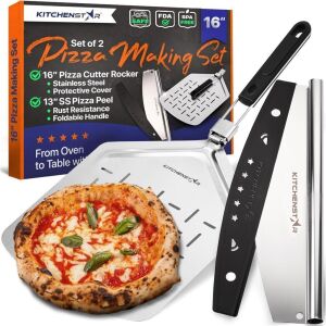 KitchenStar 13" Perforated Stainless Steel Pizza Peel with Folding Handle & 16" Pizza Cutter Rocker Knife with Blade Cove