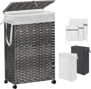 70L Slim Laundry Hamper with Lid & Wheels, 2 Removable Liner Bags