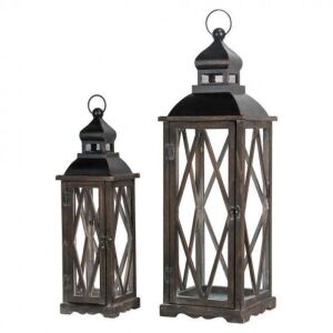 Glitzhome Black Farmhouse Wooden Lanterns With Diamond Window Frame, Set of 2