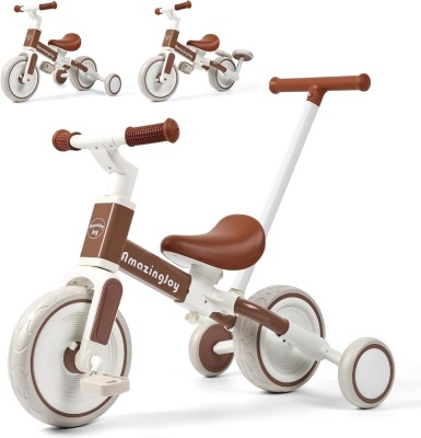 6 in 1 Toddler Tricycle for 1-3 Years Old Kids Balance Bike with Handlebar Push Trike Baby Balance Bike with Removable Pedal Adjustable Seat Birthday Gift for Kids Brown