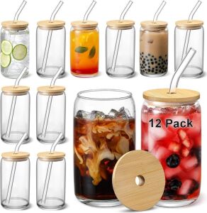 Beer Can Shaped Glasses with Bamboo Lids, 12 Pack 