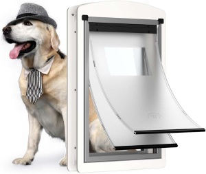 Large Dog Door for Door, Steel Dog Door for Exterior Door with Telescoping Tunnel, Magnetic Double Flaps Design and Two Sliding Lock Panels, for Pets Up to 110LBS, White