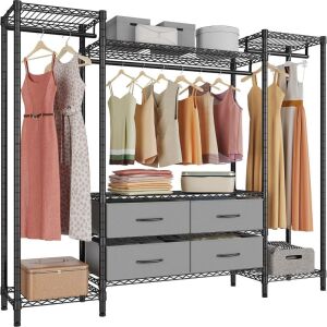  VIPEK V20 Heavy Duty Wire Garment Rack with 6 Shelves, 3 Hang Rods & 4 Fabric Drawers, 56.7" L x 14.6" W x 70.9" H, Black 