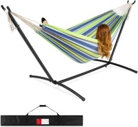 2-Person Brazilian-Style Cotton Double Hammock Bed w/Carrying Bag, Steel Stand, Blue/Green Stripes - Appears New&nbsp;