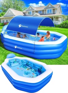 Inflatable Pool with Canopy,2024 Large Inflatable Swimming Pool for Kids,Adult, BlowUp Pool With Seats,Backrest.Durable Thickened 125"x75"x25"Inflatable Family Pool for Backyard,Outdoor-Blue