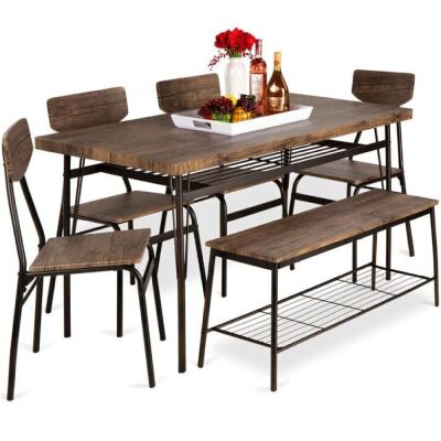 6-Piece Modern Dining Set w/ Storage Racks, Table, Bench, 4 Chairs - 55in