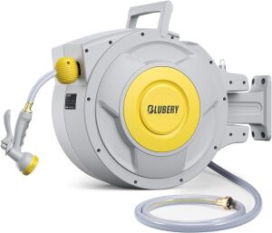  Blubery Heavy Duty 1/2"×130 FT Retractable Garden Hose Reel Wall Mount with 180°Swivel Bracket 