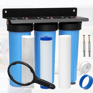 Upgraded Universal 3-Stage Whole House Well Water Purification System,NSF Approve,Soften Taste,Brass Interface 20x4.5" 1"npt 5μm PP+UDF+CTO Filter Element,3 Year Warranty