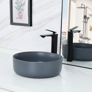 bathivy 14.2" Matte Gray Round Vessel Sink with Pop Up Drain