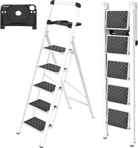 HBTower Step Ladder, 5 Step Ladder Folding Step Stool with Tool Platform, Portable Sturdy Steel Ladder for Adults Home Outdoor Kitchen Garage, White