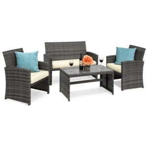 4-Piece Outdoor Wicker Conversation Patio Set w/ 4 Seats, Glass Table Top