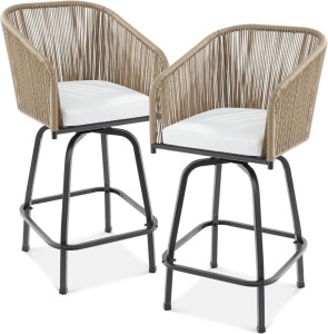 Set of 2 Woven Wicker Swivel Bar Stools, Patio Bar Height Chair for Backyard, Pool, Garden, Deck w/ 360 Rotation, 250lb Capacity - Natural/Ivory