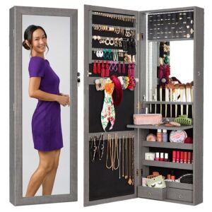 Door/Wall Mount Mirror Jewelry Cabinet Armoire w/ Inside Mirror, LED Lights