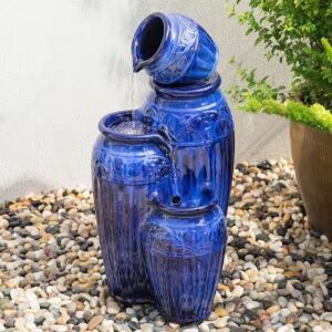 Glitzhome 27.25 in. H 4 Tier Cobalt Blue Embossed Pattern Ceramic Pots Fountain with Pump and LED Light