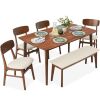 6-Piece Mid-Century Modern Upholstered Wooden Dining Set w/ 4 Chairs, Bench