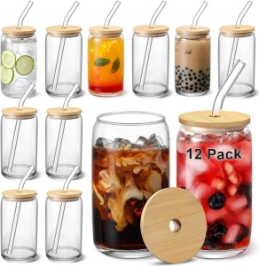 Beer Can Shaped Glass Cups with Bamboo Lids and Glass Straw, 12 Pack 