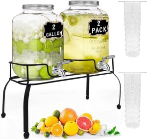 2 Gallon Glass Drink Dispensers with Stand